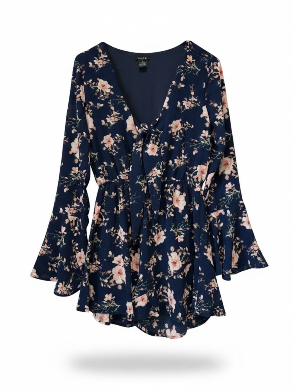 Rue21 Cottagecore Navy Romper with Pink Blossoms & Bell Sleeves size Small